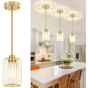 3 Pack Brushed Brass Pendant Lights Kitchen Island, Modern Crystal Pendant Lighting Over Island Kitchen Hanging Light Fixtures Adjustable Pendant Light for Dining Room Bathroom Entryway Hallway Foyer