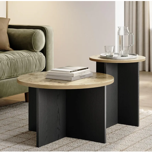 2-Piece Round Nesting Coffee Table - Burl Wood Top & Black Solid Wood Base - Modern Round Coffee Table Set with Drum Style - Modern Home Decor Furniture