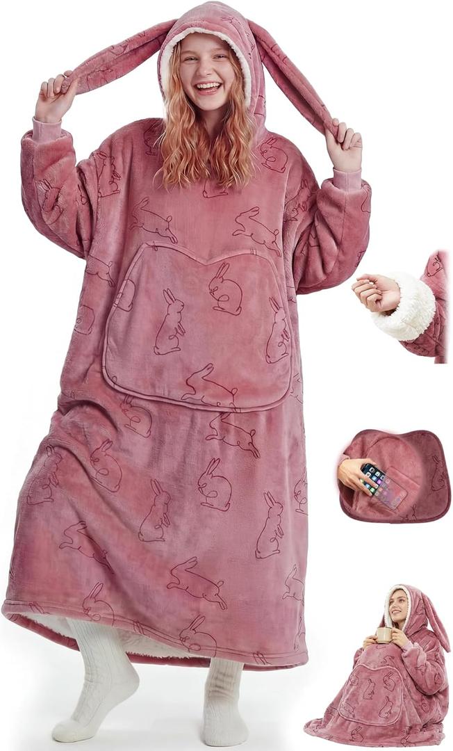 Mewaii Wearable Blanket Hoodie for Adults, Warm Sherpa & Soft Flannel Long Sweatshirt with Giant Pocket, Cozy Gifts for Women (Light Pink)