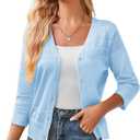 GRACE KARIN Women's 2025 Cropped Cardigan 3/4 Sleeve Lightweight Crochet Shrug Hollowed-Out Knit Sweater Tops (Blue, S)