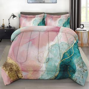Comforter Set with 2 Pillowcases Queen Size, Pink Teal Gold Marble, Bed Decor Turquoise Rose Dye Abstract for Kids and Adults, Soft Cozy Bedroom Bedding Set