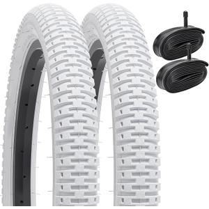 YUNSCM 2-PCS 18" Bike Tires 18x1.95/53-355 (White) and 18" Bike Tubes Schrader Valve Compatible with Kid Bike 18 x 1.95 18x2.0 All-Terrain Bicycle Tires and Tubes (Y-1029)