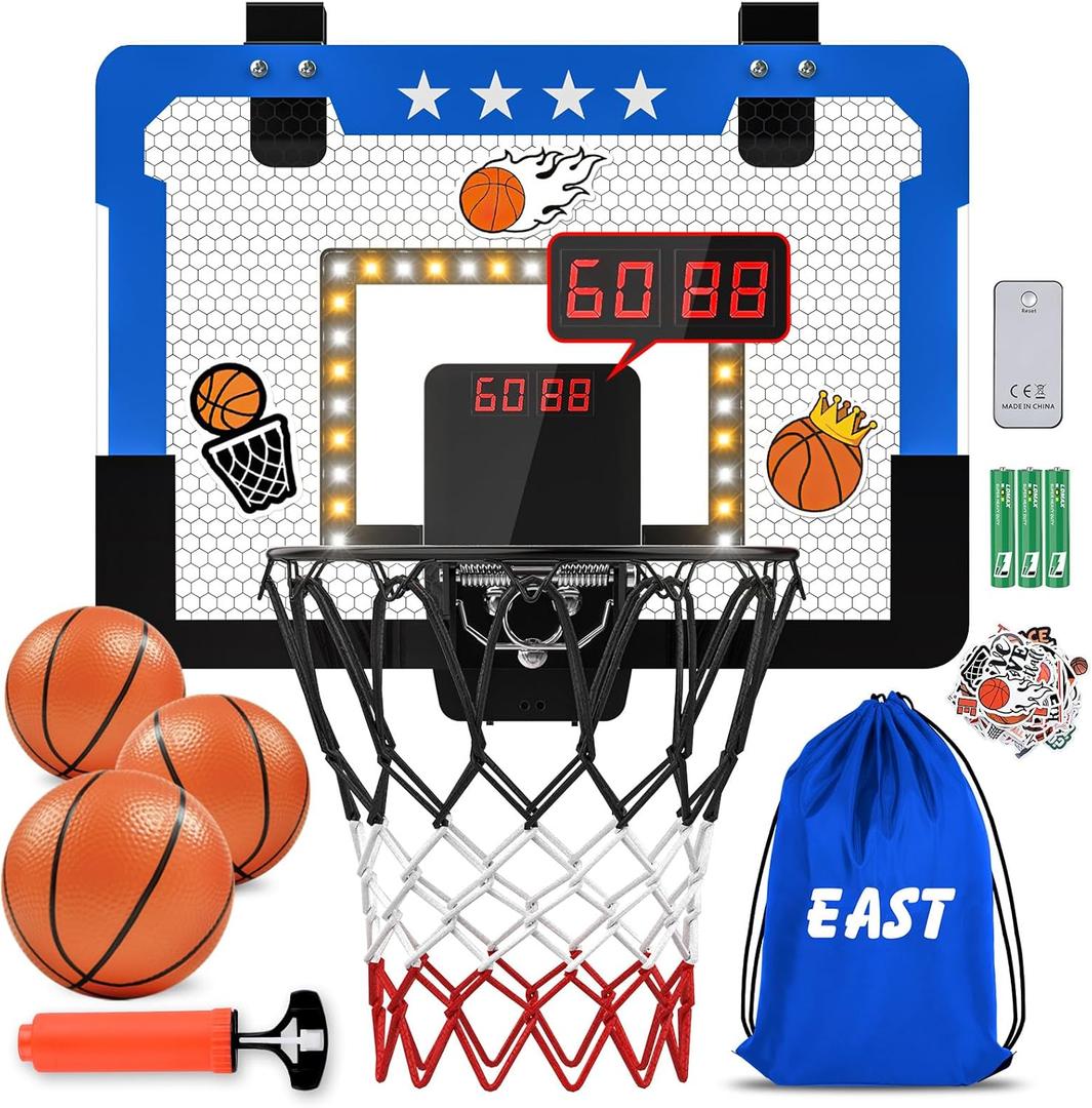 Indoor Basketball Hoop for Kids, Mini Basketball Hoop with Double Electronic Scoreboard and LED Light, Over The Door Basketball Gifts Toys for 5 6 7 8 9 10 11 12 Year Old Boys (East Blue)