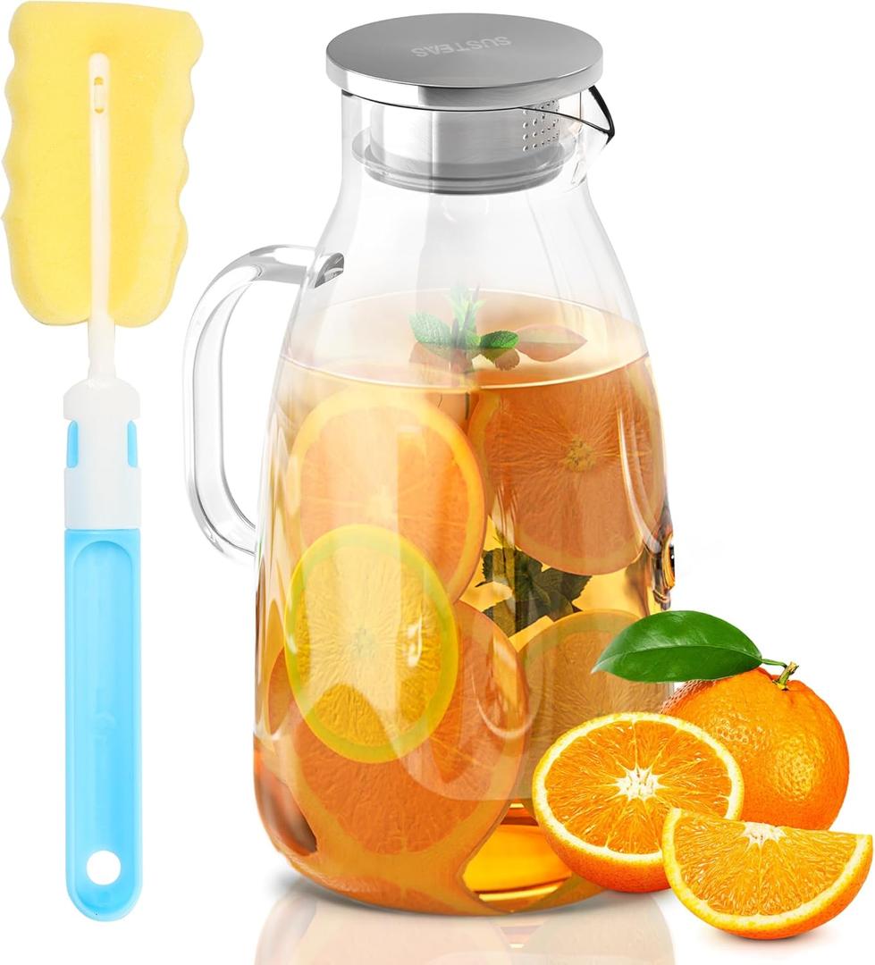 SUSTEAS 3 Liter 101 oz Glass Pitcher with Lid and Nozzle, Cold/Hot Water Glass Water Bottle, Ice Tea Water Jar for Refrigerator, Large Water Jar for Juice, Milk, Coffee or Homemade Drinks, Vase (Clear)