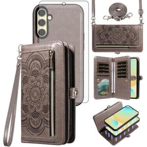 Asuwish Phone Case for Samsung Galaxy S24 FE 5G Zipper Wallet Magnetic Detachable Cell Cover with Tempered Glass Screen Protector Crossbody Strap Flower Credit Card Holder S 24 EF S24FE 24S Women Gray