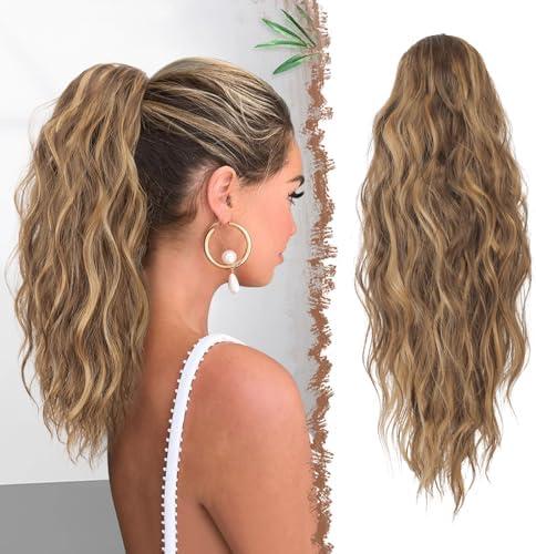 FESHFEN Ponytail Extensions - Drawstring Ponytails Hair Extension Long Curly Wavy Hair Piece Synthetic Pony Tail Hairpieces for Women, Golden Brown Mix Blonde 18 inch
