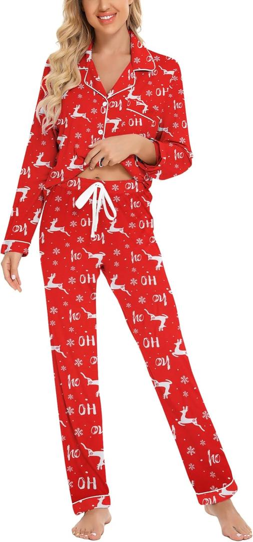 Leikar Button Up Pajama Set For Women Long Sleeve Shirt And Pajama Pants Soft Pjs Lounge Sets (Large, Red Elk)