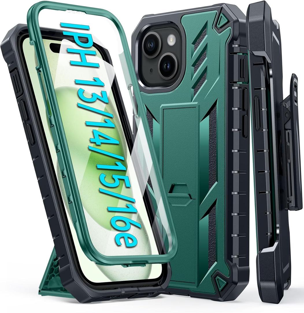 FNTCASE for iPhone 15 Phone Case: for iPhone 14 & 13 & 16e Case Military Shockproof Protective Rugged Cell Phone Cover with Kickstand & Belt-Clip Holster, Heavy Duty Hard Cases 5G - 6.1 Inch Green