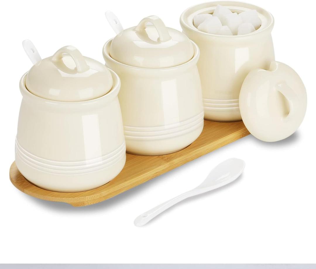 HAOTOP Porcelain Condiment Jar 3 Pack Set with Tray, 12 Ounces Beige