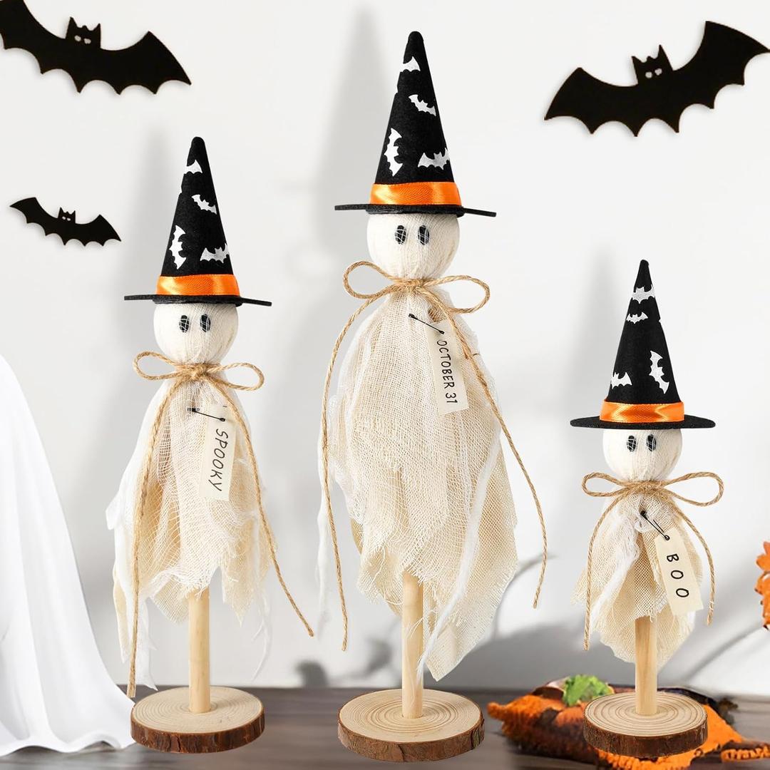 Halloween Decorations Indoor, Set of 3 Primitive Halloween Ghosts with Witch Hat Bat on Wooden Stand Spooky Halloween Table Decor Table Centerpieces, Tiered Tray Decor, Shelves Mantels