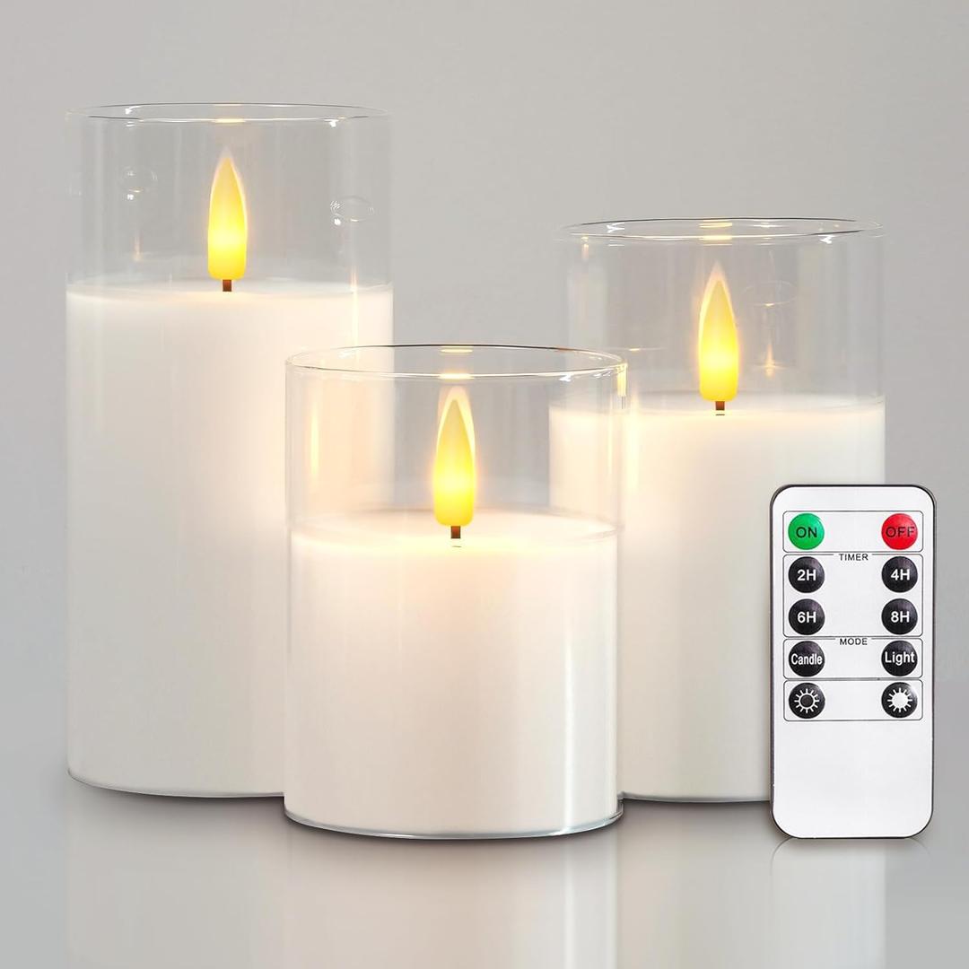 5plots Flameless Battery Operated Candles Set of 3, White LED Candles with Remote Timer, Real Wax Glass Pillar Candles Warm Flickering Light for Indoor Home, Halloween, Christmas Decor D3 x H4 5" 6"