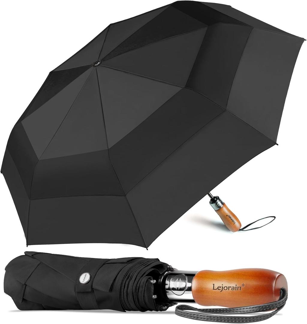 Lejorain Large Folding Golf Umbrella - Compact Mens Umbrellas Travel Rain and Windproof 54inch Collapsible Automatic Open Close Umbrella 210T Teflon Vented Double Canopy (01.Black) Lejorain Large Folding Golf Umbrella - Compact Mens Umbrellas Travel Rain and Windproof 54inch Collapsible Automatic Open Close Umbrella 210T Teflon Vented Double Canopy (01.Black)
