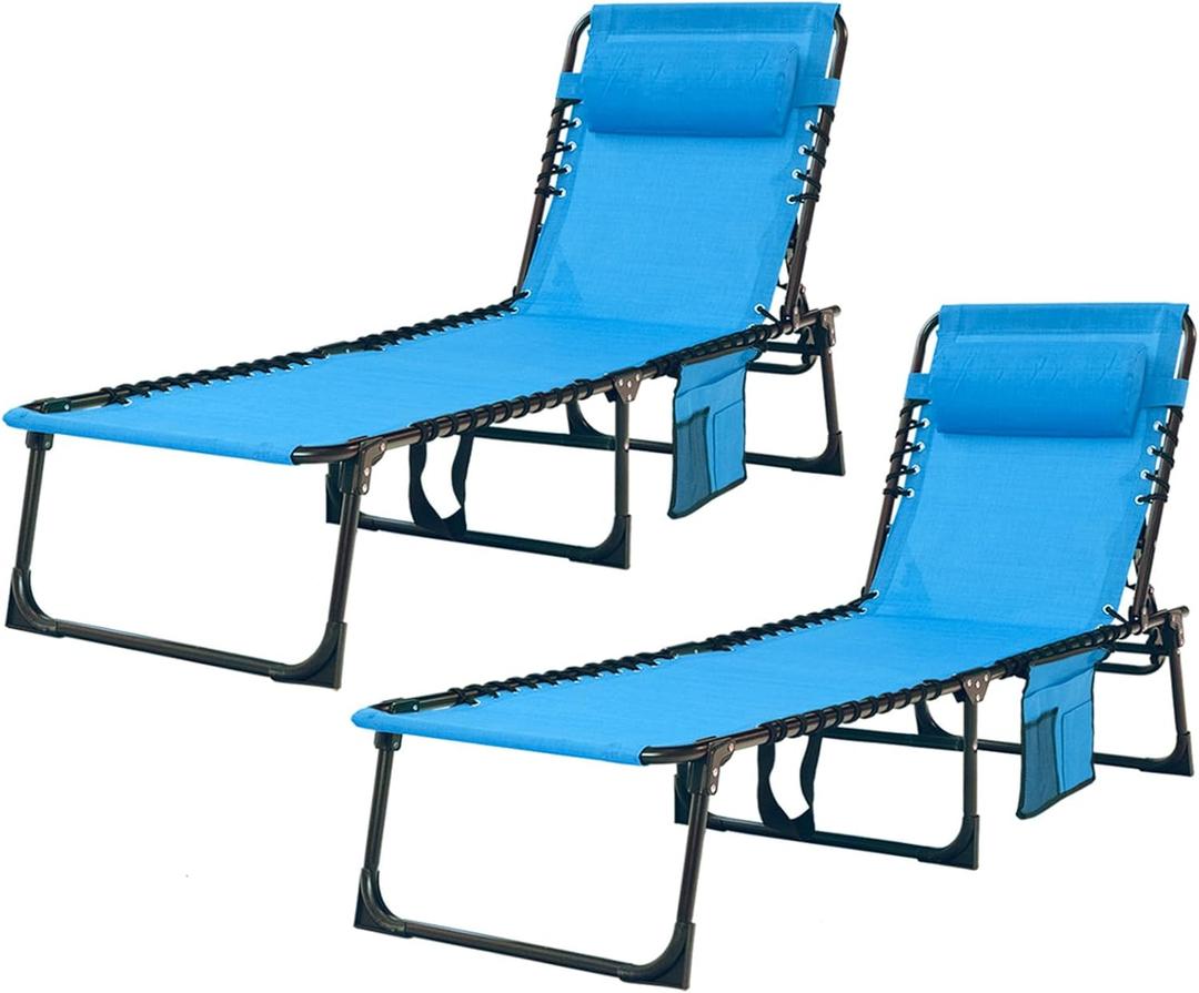 Folding Chaise Lounge Chair Bed Set of 2 - Heavy-Duty 400lb Capacity Portable Adjustable Recliner w/Pillow for Patio, Pool, Camping, Sunbathing - Lay Flat Design (Blue)