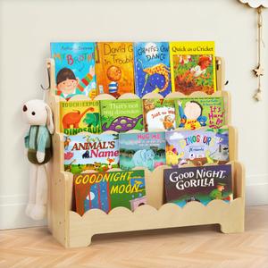 4-Tier Kids Bookshelf Wooden, Scalloped Book Shelf for Kids Rooms Anti-Tip, 10.6"D x 29.5"W x 27.5"H