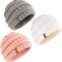 FURTALK Baby Beanie Winter Soft Warm Knit Hat 3 Pack Infant Toddler Slouchy Caps (0-12 Months, White+pink+grey)