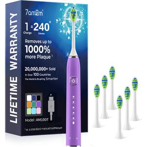 7AM2M Sonic Electric Toothbrush for Adults&Kids, Type-C Charging Run for 120 Days, with 6 Brush Heads, 5 Modes&40000VPM Powered Rechargeable Toothbrush, Travel & Home Use (Purple)