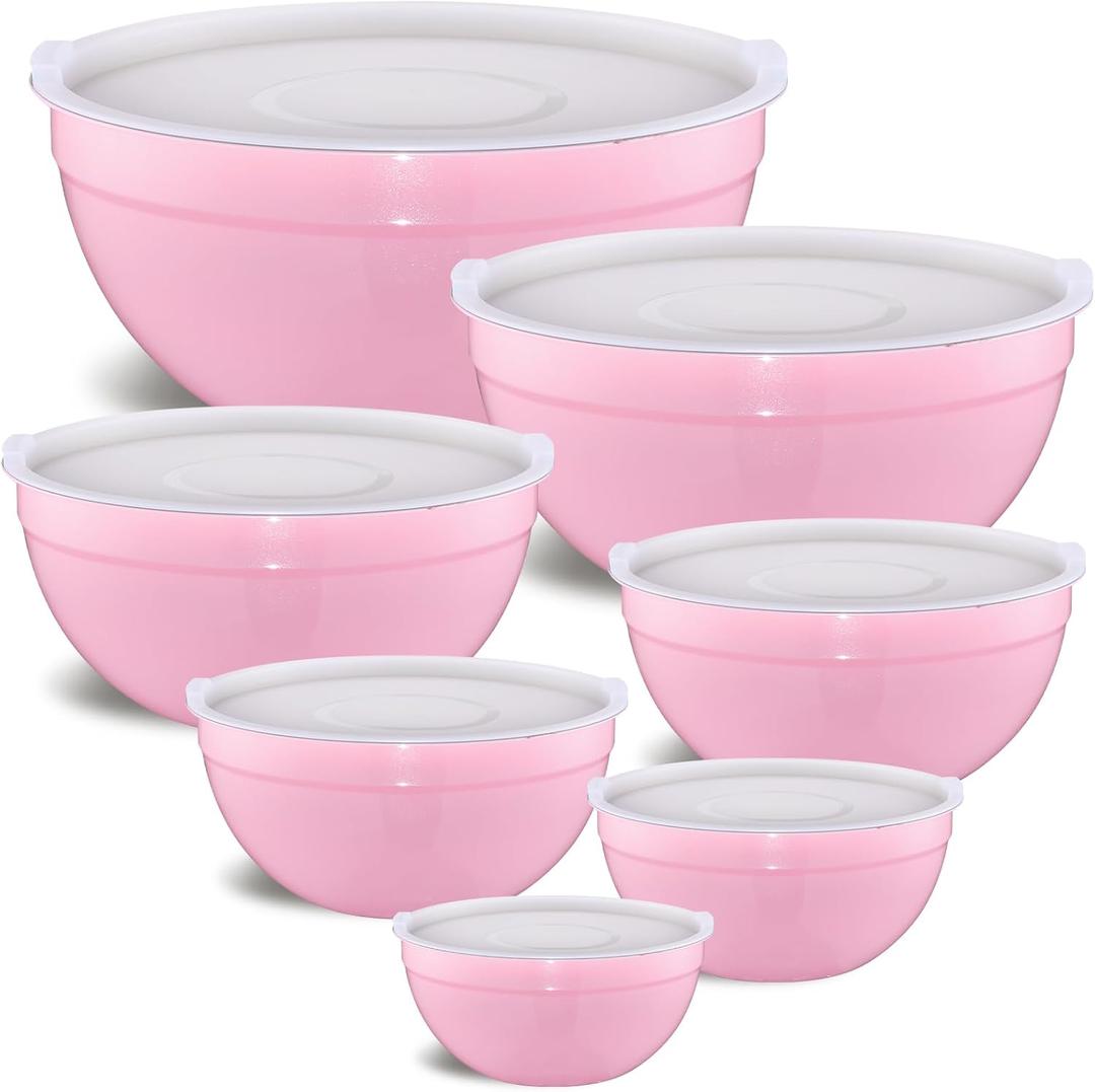 Pink Mixing Bowls with Airtight Lids, Stainless Steel Nesting Mixing Bowls Set of 7, Ideal for Baking, Prepping and Serving Food, Size 7, 3.6, 2.7, 2.1, 1.5, 1.1,0.8 QT, Stackable Design