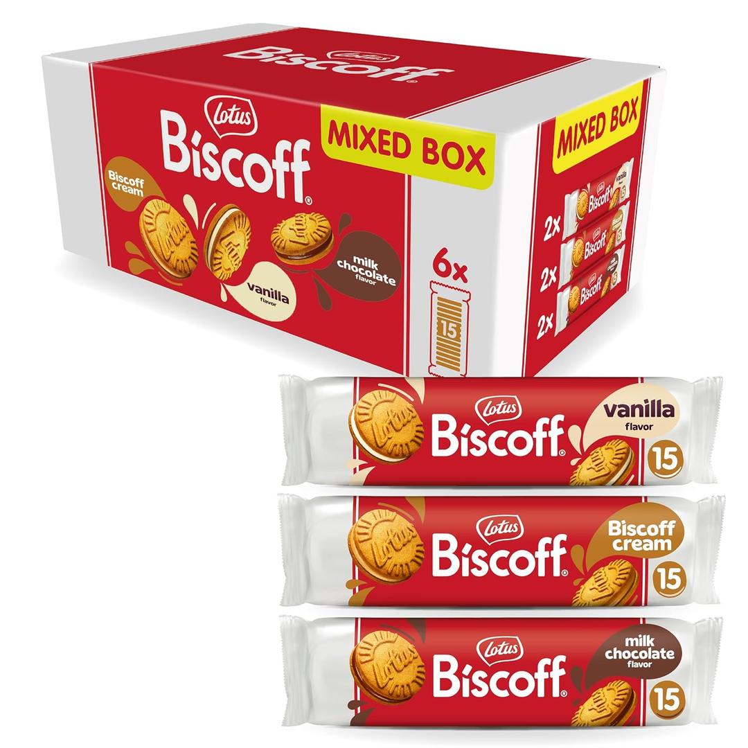 Lotus Biscoff Sandwich Cookies, Variety Pack, Biscoff Cream/Vanilla Cream/Milk Chocolate Cream, 15 Cookies per pack, 5.29 Ounces (Pack Of 6)