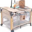 JOYMOR 7 in 1 Bedside Bassinet with Changing Table, All in One Nursery Center, Bedside Sleeper with Mattress, Sheet, Canopy, Storage Shelf (Beige), 43*30*33 inch
