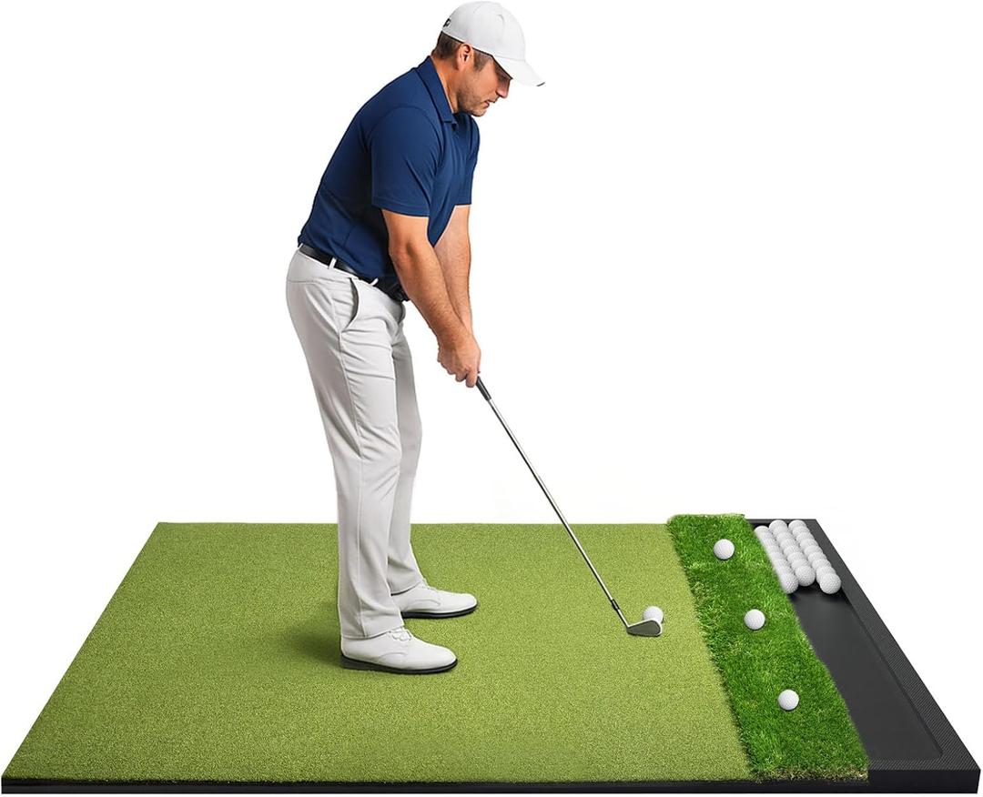 Golf Hitting Mat with Ball Tray 5x4ft - 6x4ft Dual-Turf Practice Mat for Indoor & Outdoor Use Golf Training Mat with Rubber Tee Holes, Suitable for Swing Driving & Chipping, 5 x 4 ft - 1.22"