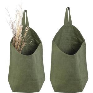 100% Linen Hanging Storage Bags Baskets 2 Pcs, Small Wall Storage Bag for Kitchen, Bedroom, RV Camper Organizer, Sewing Room, Nursery Storage, Kids Room, Army Green