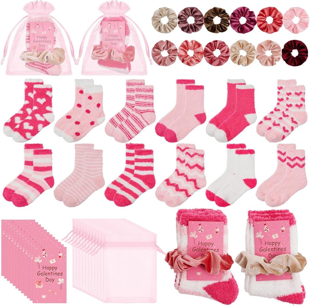 48 Pcs Galentines Day Gifts for Women, 12 Set Pink Valentines Gift Set with Fuzzy Socks, Velvet Hair Scrunchies and Greeting Cards, Cute Galentines Bulk Gifts for Friends, Coworkers