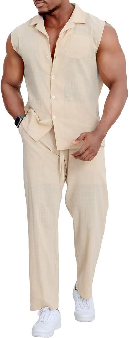 Mens Linen Sets 2 Piece Outfits Sleeveless Shirt and Pants Set Vacation Outfit for Men Summer Beach Suits (XXXL)