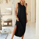 Ficerd 2 Pcs Women's Maxi Dresses Summer Sleeveless Beach Long Dress V Neck Casual Loose Split Sundress with Pockets (XXL)