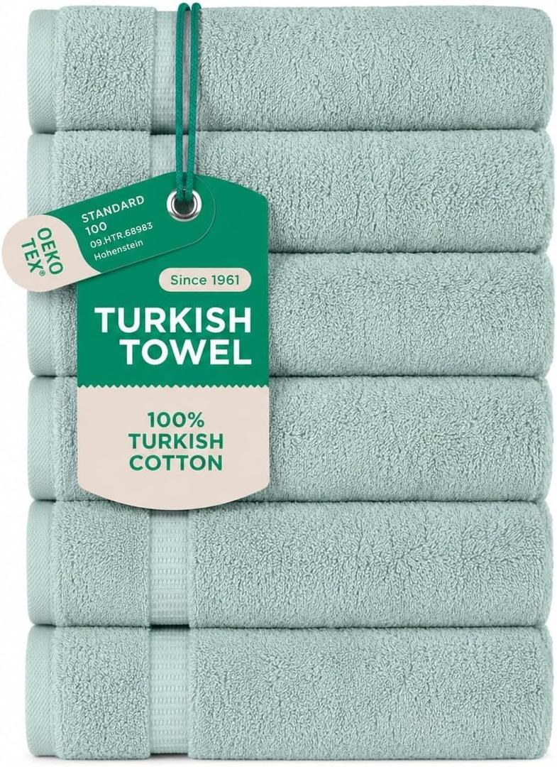 SALBAKOS 6-Piece 100% Turkish Cotton Hand Towels, 16x30 inch, Seafoam Green
