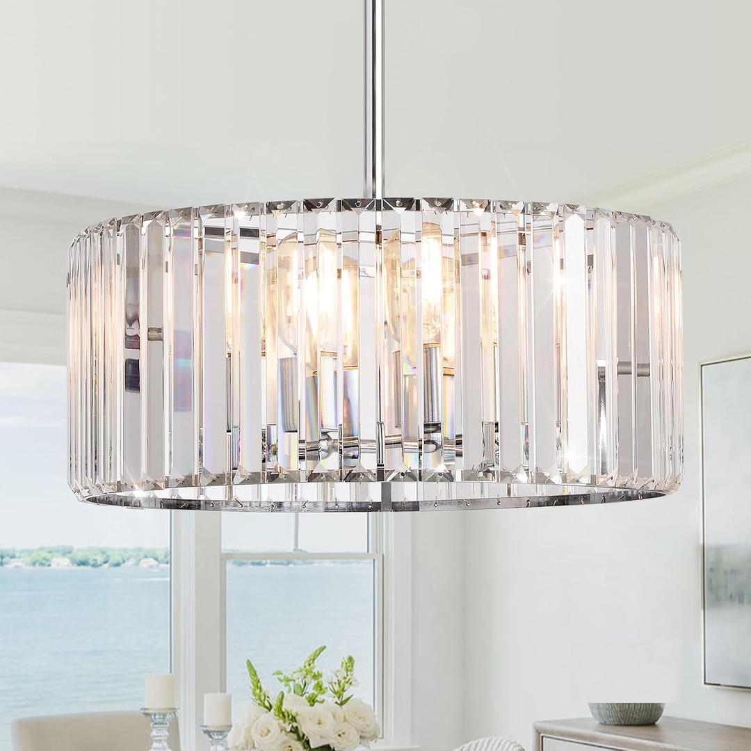 16.5" Chrome Crystal Chandeliers 4-Light Modern Drum Chandelier Flush Mount Round Ceiling Hanging Pendant Light Fixture for Kitchen Island Dining Room Foyer
