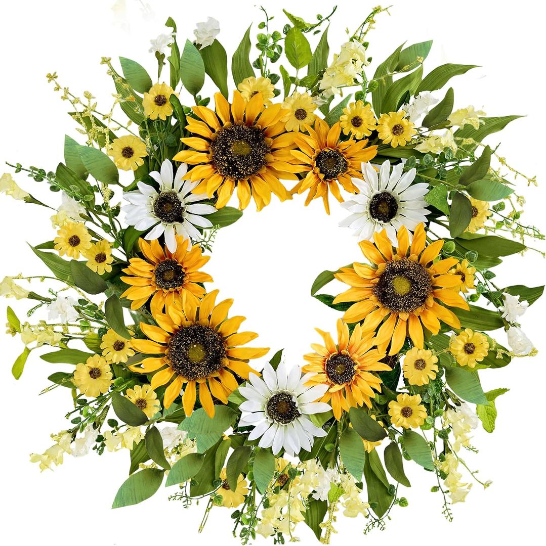zjlmit Spring Wreath 20 Inch Artificial Summer Wreath Spring Wreaths for Front Door Made of Silk Material with Sunflowers Daisy Flowers and Green Leaves for Windows Cabinets and Walls