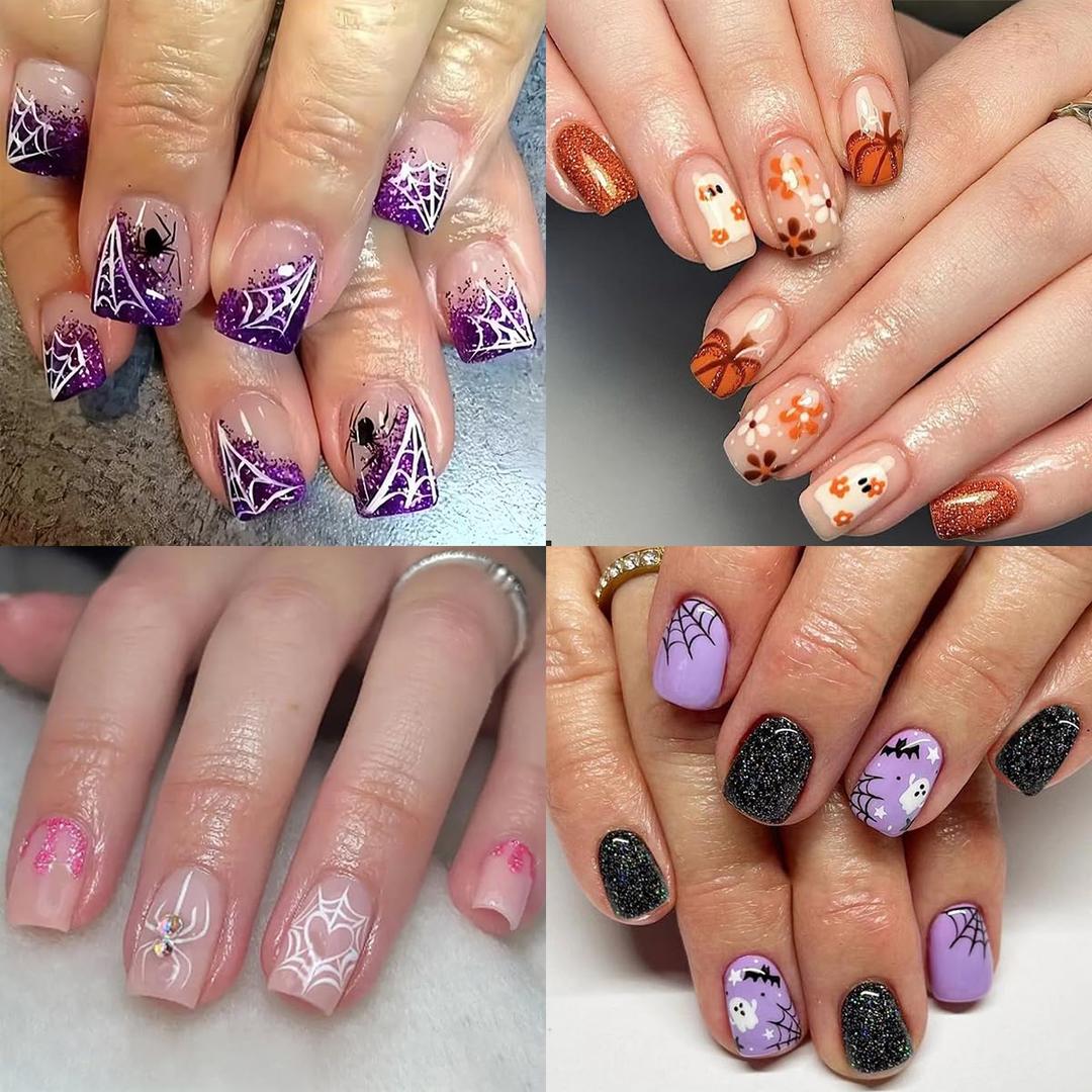 4-Packs (96 Pcs) Halloween Spider Web Press-On Glitter Acrylic Nails - Short Square, French, Glue-On Nails - 12 Sizes, 4 Styles
