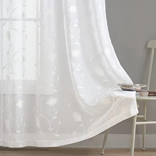 Sheer Curtains White 63 Inch Embroidered Floral, Rod Pocket Voile Drapes for Living room, Bedroom, Window Treatments Semi Crinkle Curtain Panels for Yard, Patio, Villa, Parlor, Set of 2, 52"x 63".