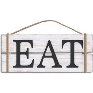 Barnyard Designs Eat Wood Wall Art Sign, Rustic Primitive Farmhouse Country Kitchen and Home Wall Decor, White/Black, 17" x 7