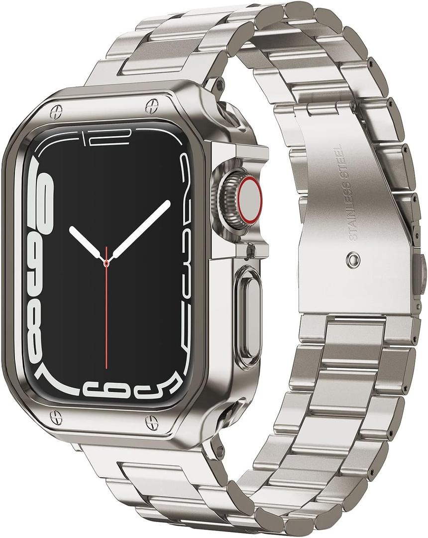 Designed for Apple Watch Band and Case, Stainless Steel Metal Chain with TPU Cover, Smart-Watch Link Bracelet Strap, Wrist-Band for i-Watch Series 9 8 7 6 5 4 3 2 1 SE, 45mm 44mm 42mm, Starlight