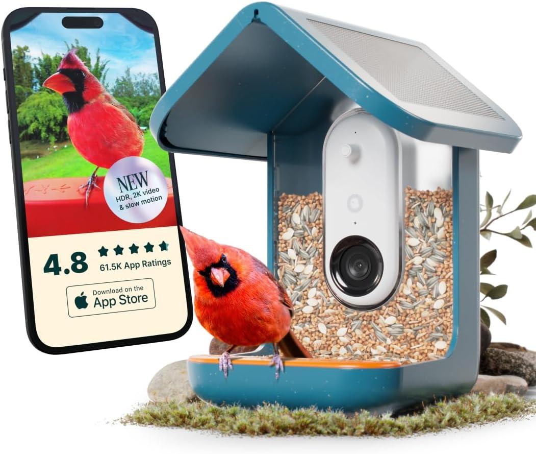 Bird Buddy PRO Solar Smart Bird Feeder with Camera - AI Bird Species Identification, 5MP Photos, 2K HD Video Live Stream Camera, Slow-Motion Video, 2.6in Focus - Blue Solar