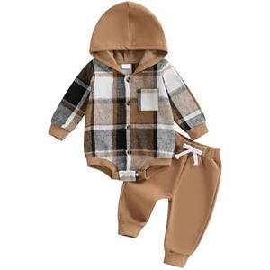 Douhoow Infant Baby Fall Clothes Boy Girl Plaid Hoodie Sweatshirt Romper Flannel Tops+ Sweatpants Festival Outfits, Size 0-6 month