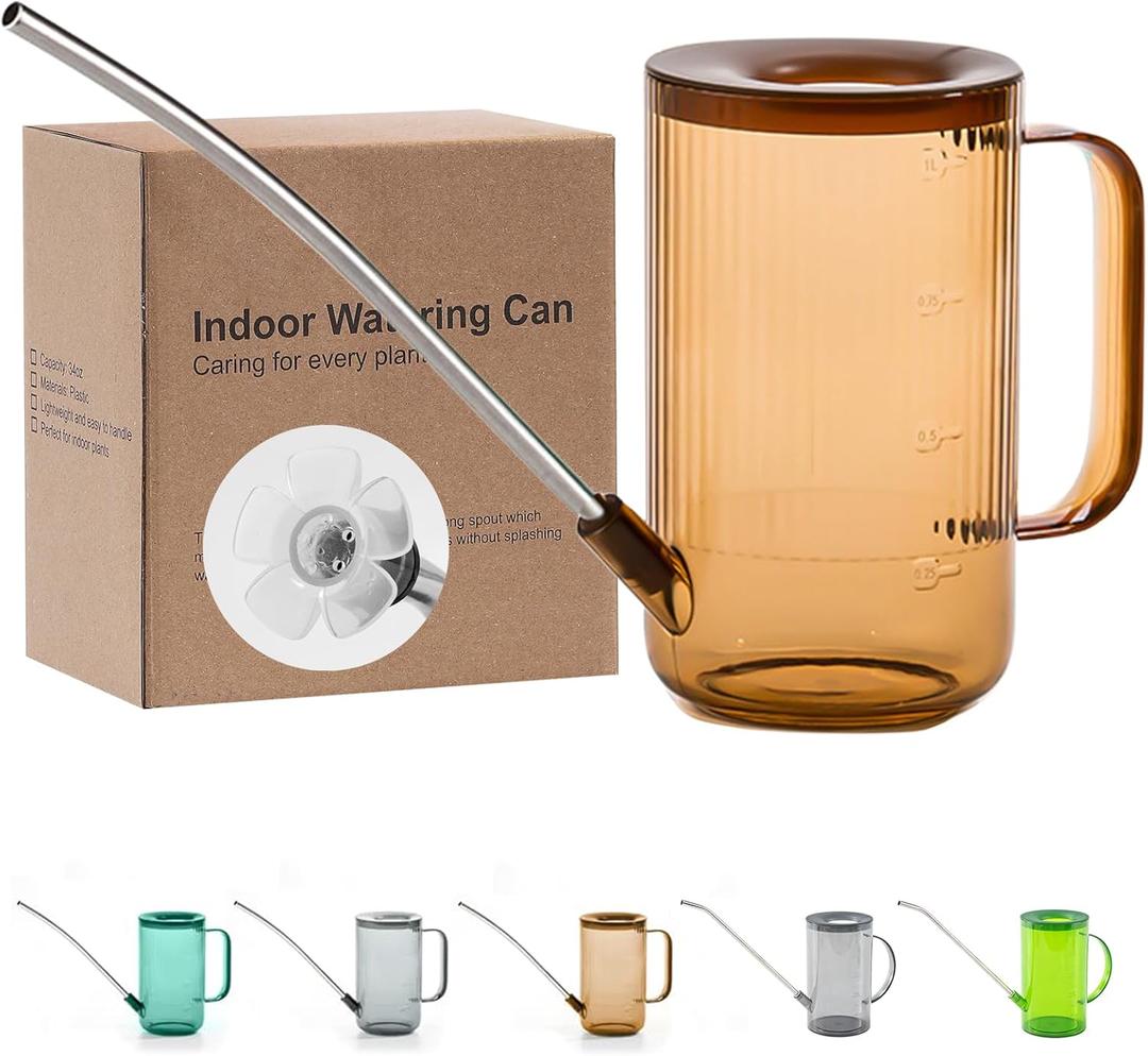 Tennedriv Green Long Spout Watering Can Indoor, Small Watering Cans for House Plants, Flowers, Succulents (Brown) (34oz)