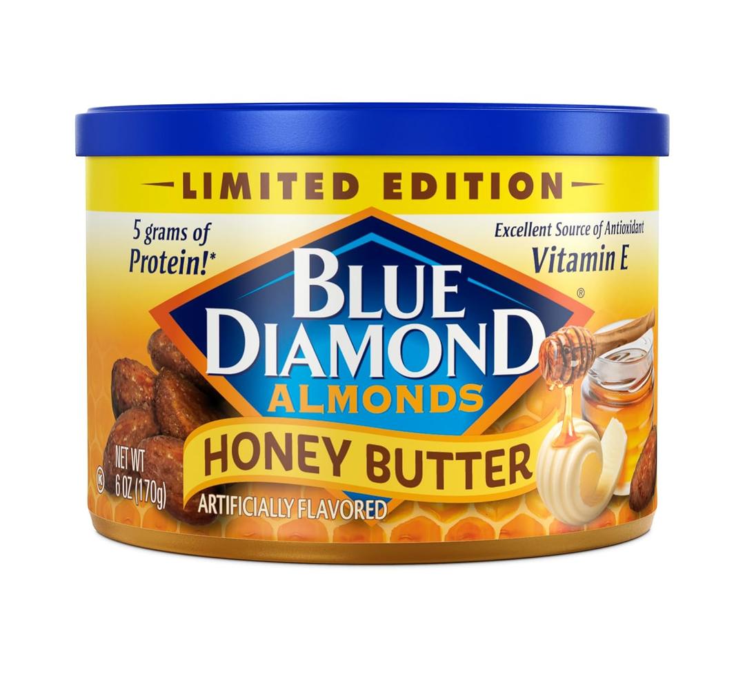 6 x Blue Diamond Almonds, Snack Nut Flavored Honey Butter perfect for on-the-go and snacking, 6 Ounce Can (EXP 06/02/26)