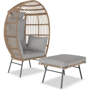 Hipicute Wicker Egg Chair Outdoor with Ottoman, Oversized Rattan Patio Lounge Chairs with Thick Cushion for Backyard Living Room, 440LBs Egg-Shape Lounge Chair w/Steel Frame for Indoor/Outdoor, Grey