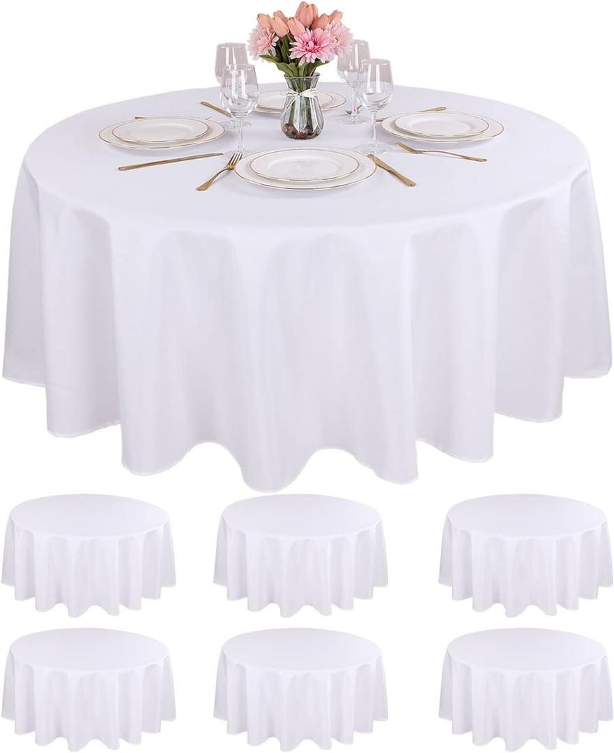Kesfey 6 Packs White Round Table Cloths 90 Inch White Polyester Circle Bulk Linen Tablecloth Wrinkle Resistant Tablecloths Washable High Density Fabric Tablecovers for Wedding Camping Banquet Parties