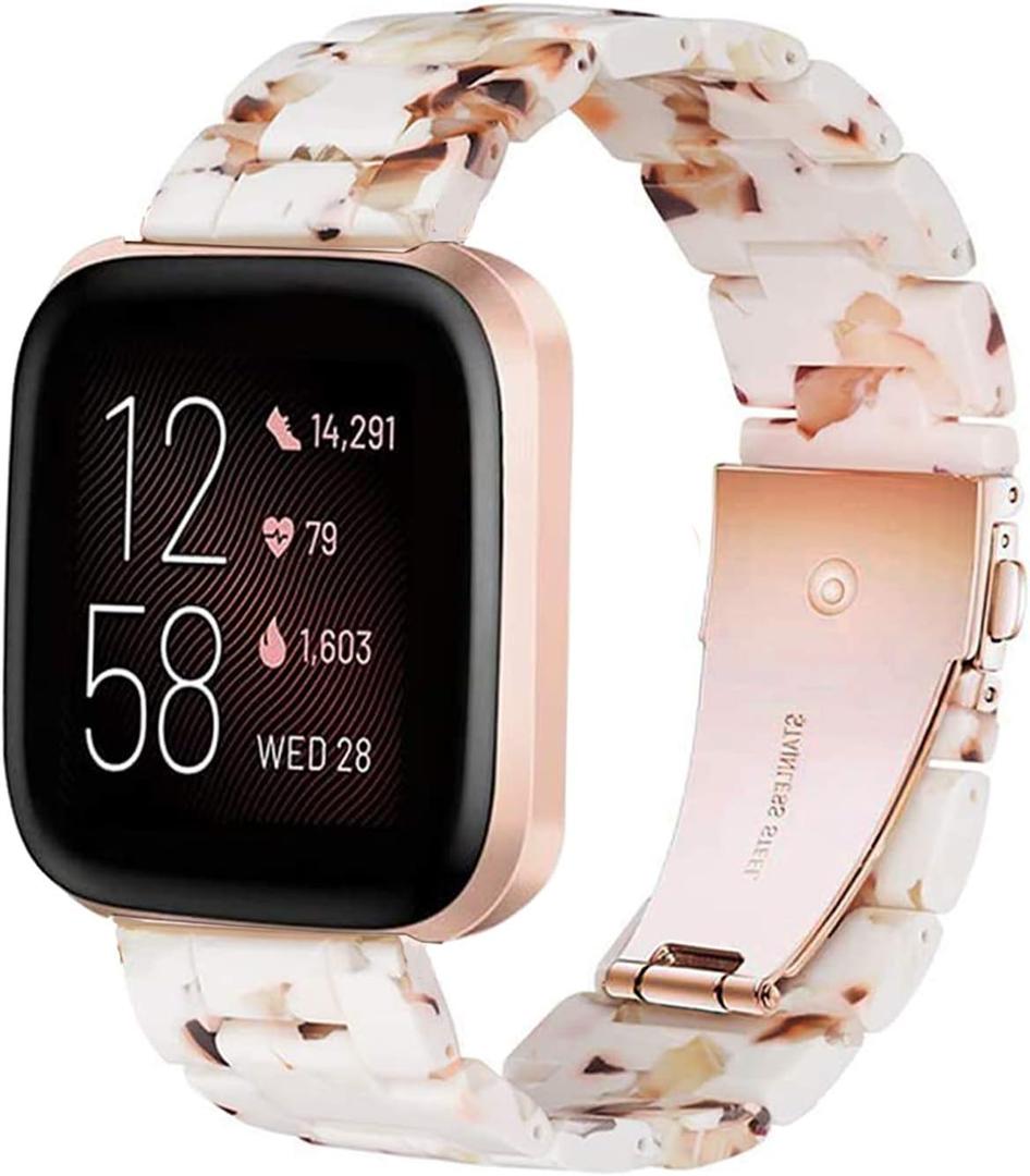 Band Replacement for Fitbit Versa/Versa 2 Smart Watch/Special/Lite Edition, Fashion Resin Wristbands Women Men Replacement Bracelet Metal Stainless Steel Rose Gold Buckle (Nought White)