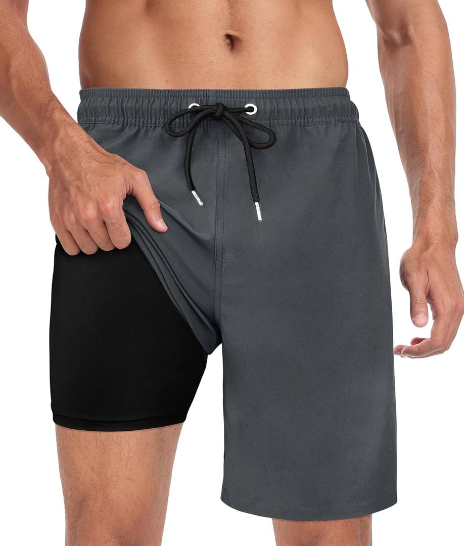 Mens Swim Trunks with Compression Liner 2 in 1 Quick Dry Swimming Shorts Swimwear Bathing Suits with Pockets (Medium)