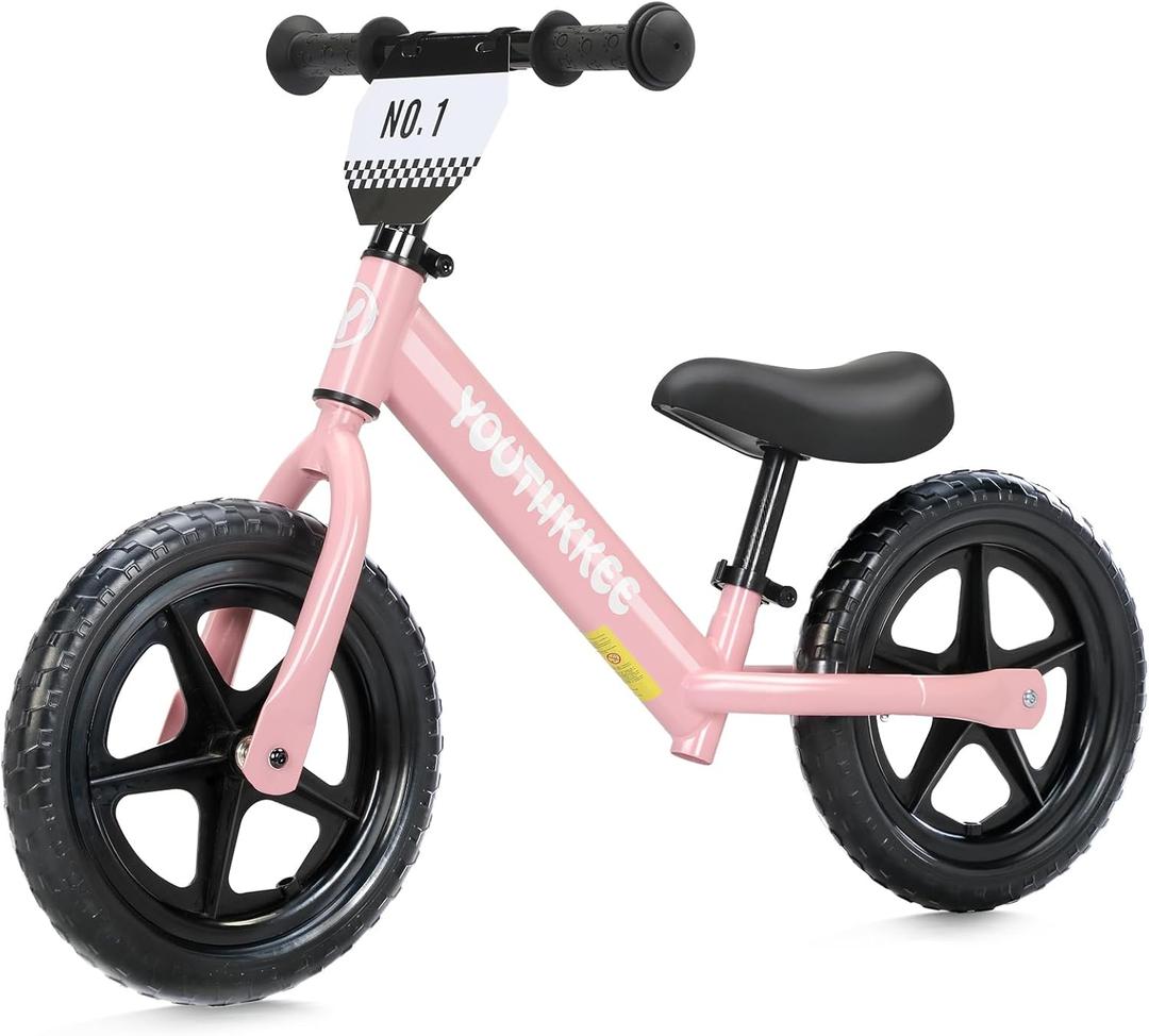 12 Inch Toddler Balance Bike for 1-3 Year Olds, No-Pedal Bike with Tool-Free Adjustable Seat, Quick Assembly, Gift for 1-3 Year Old Boys & Girls with Customizable Plate (KC, Pink)