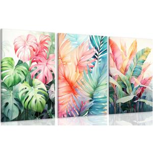 3pcs Framed Tropical Botanical Canvas Wall Art Monstera Leaves Posters Botanical Prints Bohemian style Wall Decor Pictures Palm Leaves Paintings for Bathroom living room Decoration (Colorful)