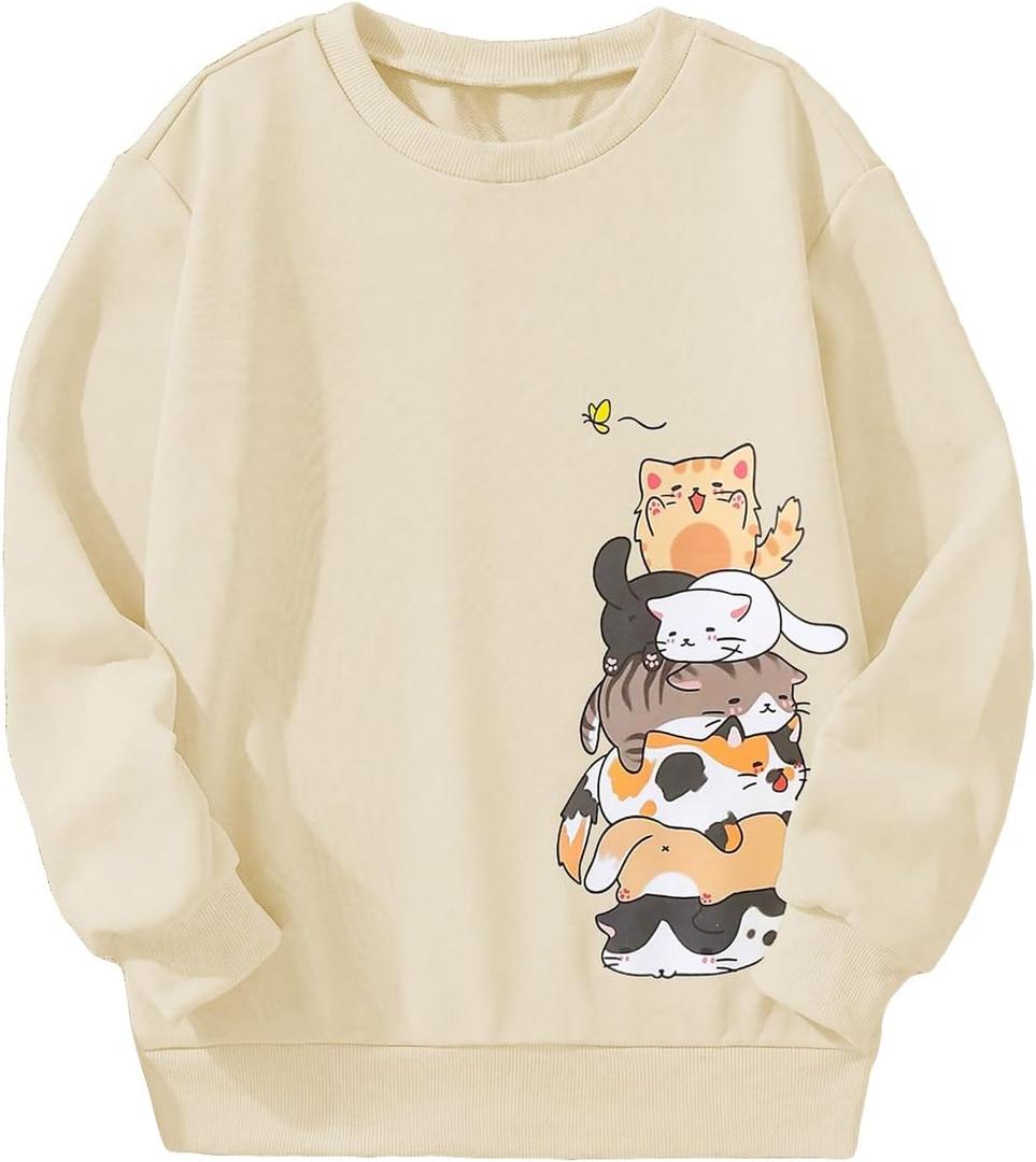 RoseSeek Girl's Cartoon Graphic Long Sleeve Crewneck Sweatshirts Drop Shoulder Cute Pullover Tops T Shirt (L)