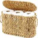 Toilet Paper Storage Basket with Lid, Water Hyacinth Slim Toilet Paper Holder - Holds Up to 6 Mega Rolls, Wicker Basket for Bathroom Accessories Decor Organizer