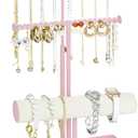 Jenseits Jewelry Holder Stand Organizer, 3-Tier Necklace Holder w/Bracelet Holder Display & Velvet Rings Tray, Pink Jewelry Organizer for Women Girls, Cute Aesthetic Jewelry Hanger Tower Storage Rack