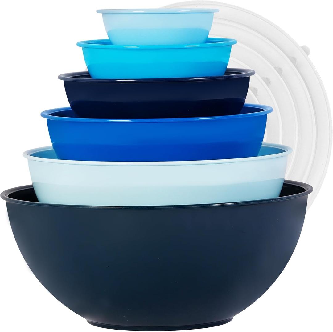 BoxedHome BPA Free Plastic Round Mixing Bowl with Lids, 12 Pack Nesting Bowls with Lids Set, Microwave and Dishwasher Safe Prep & Serving Bowls Great for Mixing, Baking, Serving (Blue, 12pcs), 0.32QT, 0.74QT, 1.37QT, 2.22QT, 3.69QT, 5.8QT