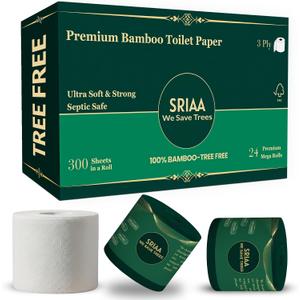 100% Bamboo Tree-Free Toilet Paper 24 Premium Family Mega Rolls, 3-Ply, 300 Sheets Per Roll Ultra Soft & Strong, Plastic-Free Packaging, Septic Safe, FSC Certified We Save Trees